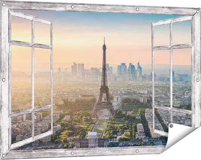 Gards Tuinposter Doorkijk Skyline van Parijs met de Eiffeltoren - 120x80 cm - Tuindoek - Tuindecoratie - Wanddecoratie buiten - Tuinschilderij