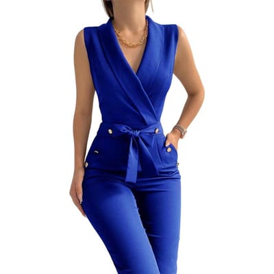 Eendelige jumpsuit, elegante jumpsuit met V-hals, vetersluiting en wijde pijpen, formele zakelijke stijl voor dames, ideaal voor woon-werkverkeer. M blue