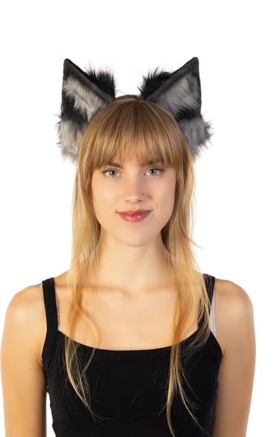 KIMU® Haarband Furry Oortjes Zwart Grijs - Kat Poes Vos Diadeem Dons Dieren - Evenement Dierenoren Oor Oren Vilt Lynx Hond Wolf Haren Festival