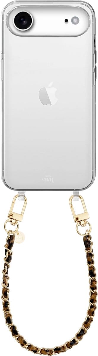 xoxo Wildhearts siliconen hoesje geschikt voor iPhone 17 Air - Classic Chain - Leopard (kort koord) - Telefoonhoesje - Hoesje met koord - Schakelketting - Kort telefoonkoord - Luipaardprint met goud - Transparant hoesje