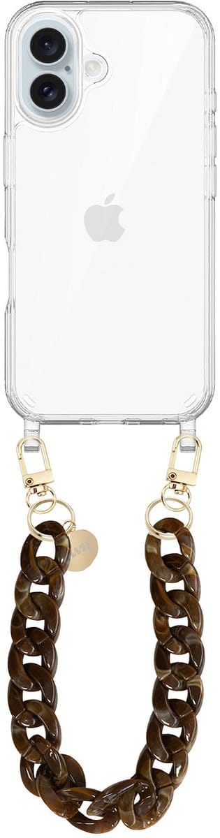 xoxo Wildhearts siliconen hoesje - Geschikt voor iPhone 17 - Brown Chocolate - Kort Koord - Telefoonhoesje - Hoesje met koord - telefoonkoord - Transparant hoesje - Kort bruin koord