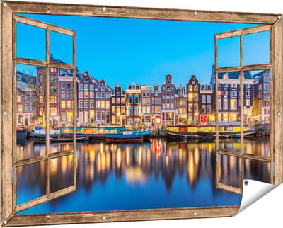 Gards Tuinposter Doorkijk Amsterdamse Huisjes in de Avond met Lichten - 150x100 cm - Tuindoek - Tuindecoratie - Wanddecoratie buiten - Tuinschilderij