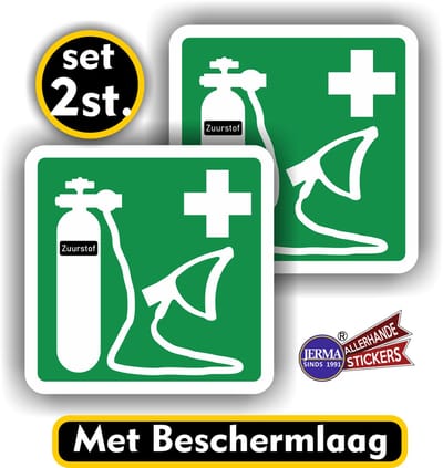 Jerma - Zuurstoffles - Hier Aanwezig –2 Stuks - 14×14 cm - Zelfklevend - Weerbestendig - Krasvrij