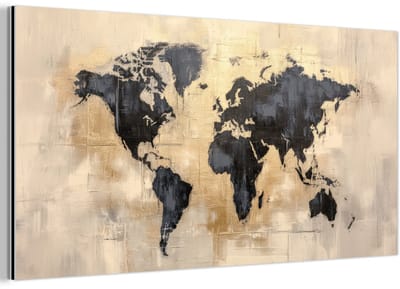 Aluminium schilderij 160x80 cm - Wanddecoratie metaal - Wereldkaart - Goud - Zwart - Abstract - Metalen muurdecoratie woonkamer - Decoratie industrieel - Foto op dibond - Industriële accessoires slaapkamer