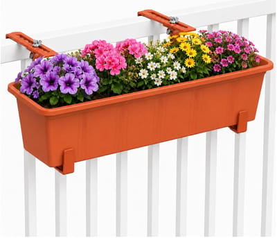 Geli Plantenbak Balcony - terracotta - met metalen ophangbeugels van zelfde kleur - 60 x 18 x 15 cm - hard kunststof - langwerpig