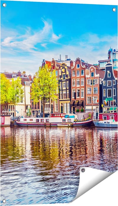 Gards Tuinposter Amsterdamse Huisjes aan het Water - 60x90 cm - Tuindoek - Tuindecoratie - Wanddecoratie buiten - Tuinschilderij