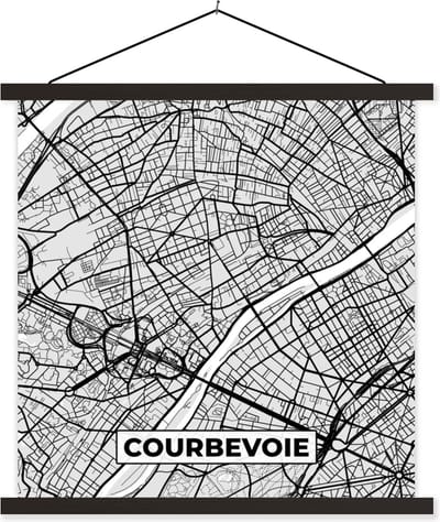 Posterhanger incl. Poster 60x60 cm - Schoolplaat - Stadskaart - Frankrijk - Kaart - Courbevoie - Plattegrond - Textielposter - Zwarte latten - Stadskaart