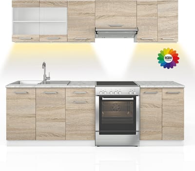 Vicco Keukenblok R-Line, Sonoma/Wit, 240 cm, WB Marmer