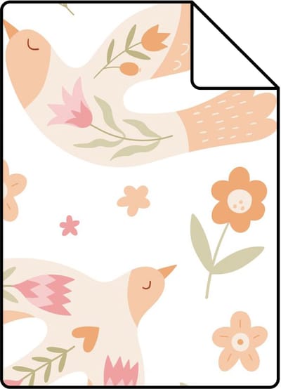 Proefstaal ESTAhome behang bloemen en vogels wit, roze en oranje - 26.5 x 21 cm - 131758-S