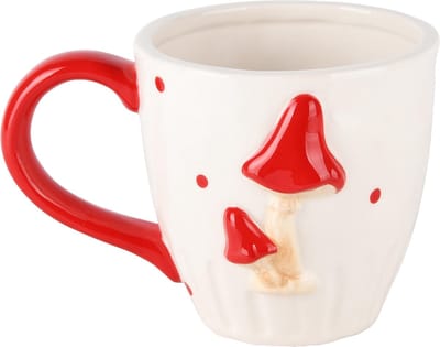 Dekoratief | Mok m/paddenstoelen, wit/rood, dolomiet, 15x11x10cm | A245975
