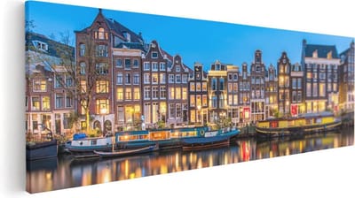 Artaza Canvas Schilderij Amsterdamse Grachten - 60x20 cm - Wanddecoratie Woonkamer - Muurdecoratie Boot - Kamer Accessoires