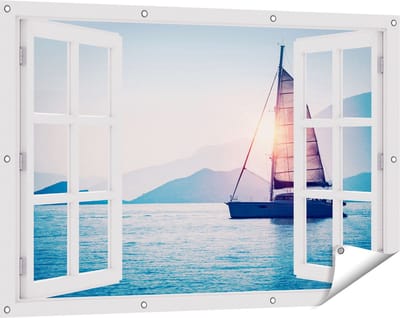 Gards Tuinposter Doorkijk Zeilboot bij Zonsondergang - 120x80 cm - Tuindoek - Tuindecoratie - Wanddecoratie buiten - Tuinschilderij