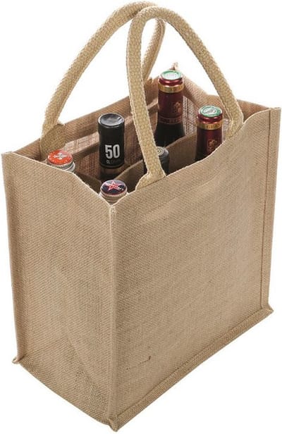 Boodschappentas - voor 6 flessen - naturel - 29 x 27 cm - jute - boodschappentas - Wijnflessen tas - Draagtassen met hengsels