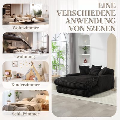 Chaise Longue Lounger Bankbed 125x155x63 cm – Corduroy Lounge Fauteuil met 3 Kussens – Ergonomische Design Relax Bank – Modern Design – Zonder Montage – Zwart – Laura