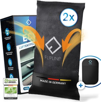 FLIPLINE Eco Luchtontvochtiger Auto 2-pack 0.5kg [Made in Germany] +ANTI-ROUGH PAD Herbruikbare Auto-Ontvochtiger - Tegen Beslagen Autoruiten - Vochtigheidskussen van Natuurlijke Korrels