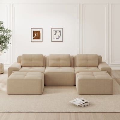 Modulaire driezitsbank van corduroy - U-vormige hoekbank met slaapfunctie en voetenbank - geen montage nodig - corduroy stof - 293 x 177 x 69 cm - combineerbare loungebank voor de woonkamer - beige