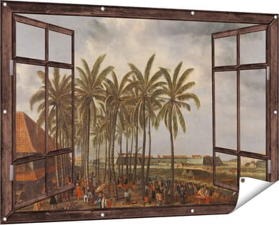Gards Tuinposter Doorkijk Het Kasteel van Batavia - Andries Beeckman - 150x100 cm - Tuindoek - Tuindecoratie - Wanddecoratie buiten - Tuinschilderij