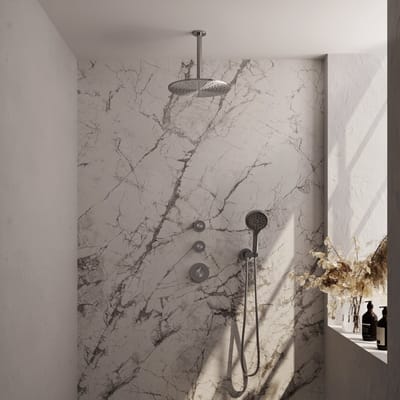 Brauer Brushed Edition thermostatische inbouw regendouche SET 12 met 30 cm douchekop en plafondarm en 3-standen handdouche en doucheslang en wandaansluitbocht RVS geborsteld PVD