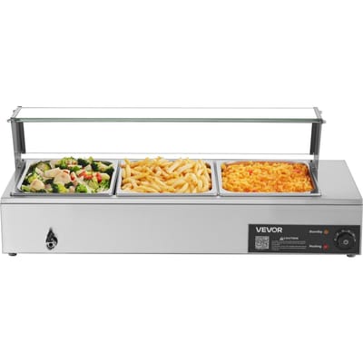 Chauffeur de plats commercial, Chauffeur de plats à vapeur électrique en acier inoxydable de 1500W avec couvercle en verre, Bain-marie de comptoir pour buffet avec trois bacs alimentaires de taille 1/2,