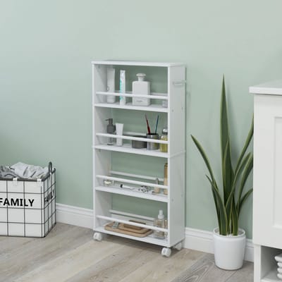 MEUNIQ smalle rollwagen 45 x 15 x 91 cm met 4 open etages, geïntegreerde greep en 4 wielen met 2 remmen, opbergwagen voor keuken, badkamer of woonkamer, wit