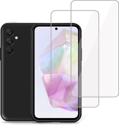 Hoesje + 2x Screenprotector geschikt voor Samsung Galaxy A35 – Tempered Glass - Liquid Back Case Cover Zwart