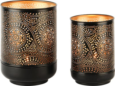 Dekoratief | Set 2 Waxinelichthouders 'Moving Mandala, zwart/goud, metaal, 14x14x20cm | A248315