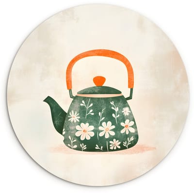WallCircle® Wandcirkel 120x120 cm - Muurcirkel Theepot - Groen - Bloemen - Oranje - Muurdecoratie woonkamer - Wanddecoratie slaapkamer - Kamer decoratie accessoires - Ronde schilderijen XXL