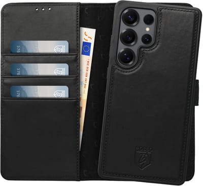 Rosso Elite Hoesje Geschikt voor Samsung Galaxy S25 Ultra | Compatibel met MagSafe / Qi2 | Book Case en Back Cover | Magnetisch Uitneembaar | Echt Leer Beschermhoes met Pasjeshouder | Zwart