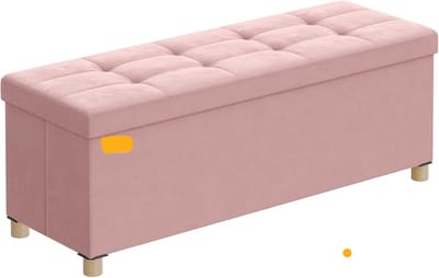 Zitbank met opbergruimte en opvouwbare kruk, 38 x 110 x 40 cm, 112 L opbergdoos met deksel, fluweel, tot 300 kg belastbaar, pastelroze, voor hal, woonkamer of slaapkamer