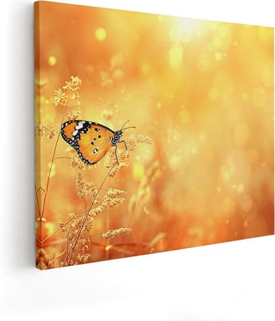 Artaza Canvas Schilderij Zonsondergang - 50x40 cm - Wanddecoratie Vlinder - Muurdecoratie Bloemen - Kamer Accessoires