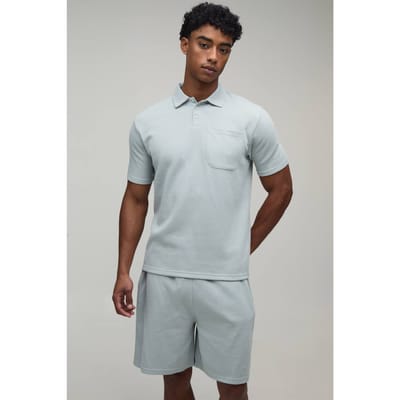 Regular Fit Wafel Polo Met Knoopsluiting En Borstzak & Shorts Set | Light Grey | Size XS