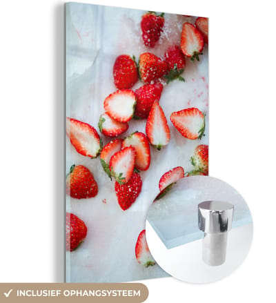 ® Glasschilderij 120x180 cm - Schilderij acrylglas - Aardbei - Fruit - Marmer - Foto op glas - Muurdecoratie woonkamer - Wanddecoratie slaapkamer - Schilderijen
