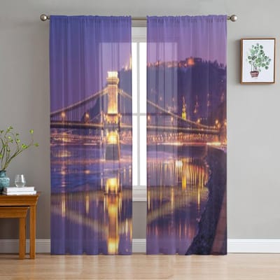 Oude Kettingbrug Over de Rivier Chiffon Transparante Gordijnen voor Woonkamer Slaapkamer Keukendecoratie Raam Voiles Tule Gordijn 135W x 114H(cm) blue