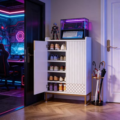 REDOM - Schoenenkast - 5-Laags Met 2 Deuren - Modern - Voor Hal - Hout En Metaal - Goudkleurig En Wit