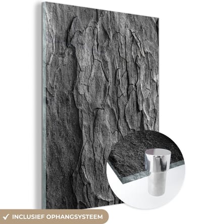 Glasschilderij - Steen - Zwart - Wit - Gesteente - 120x160 cm - Foto op glas - Woonkamer decoratie