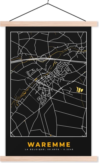 Posterhanger incl. Poster 40x60 cm - Schoolplaat - Waremme - Kaart - Stadskaart - Goud - Plattegrond - Textielposter - Blanke latten - Stadskaart