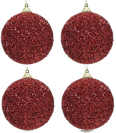 4x Kerst rode glitter/kralen kerstballen 8 cm kunststof - Onbreekbare kerstballen - Kerstboomversiering rood