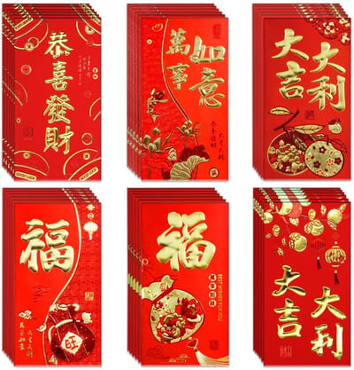 Dailygoods- Rode Enveloppen 36 Stuks - Geluksrode Enveloppen - Gouden Reliëfpatroon - Maan Nieuwjaar - Lente Festival - Hoogwaardig Papier - Geld Enveloppen