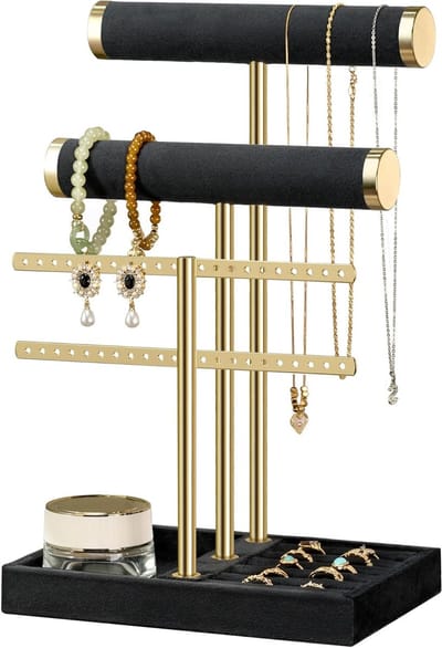 Drie niveaus sieradenorganizer, zwarte sieradenstandaard voor armbanden, ringen, kettingen en horloges met verwijderbare T-brug en fluwelen armbandhouder