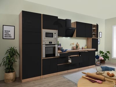 Goedkope keuken 395  cm - complete keuken met apparatuur Lorena  - Eiken/Zwart - soft close - keramische kookplaat - vaatwasser - afzuigkap - oven - magnetron  - spoelbak