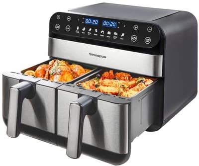 Digitale Airfryer XXL 10L Sinaopus 920 – Heteluchtfriteuse met Dubbele Mand en DualMand Onafhankelijke Snelle Opwarming – Voor Gezinnen – 8 Programma’s – LED Touchscreen – Kijkvenster – Makkelijk te Reinigen – Capaciteit voor 7 Personen