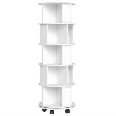 Draaibare Boekenkast – Voor Woonkamer & Kantoor – 360° Rotatie met Wieltjes, 5-Lagen Opbergkast – Wit
