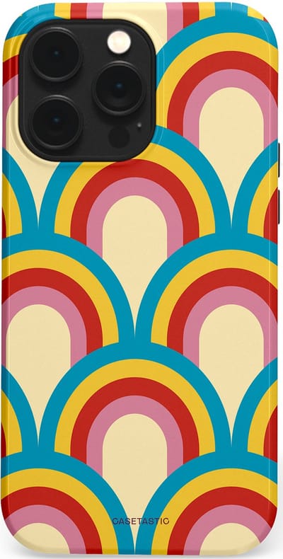 Casetastic hoesje geschikt voor Apple iPhone 14 Pro Max - MagSafe - Dubbellaagse bescherming - Retro regenboog - Fashion Case - Lichtblauw Crème Goud Rood