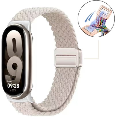 Stravo Elastisch Gevlochten Nylon Bandje met Magnetische Sluiting – Traploos Verstelbaar – Geschikt voor Xiaomi Smart Band 10 (Xiaomi Mi Band 10) / Xiaomi Smart Band 9 (Xiaomi Mi Band 9) / Xiaomi Smart Band 8 (Xiaomi Mi Band 8) – Starlight