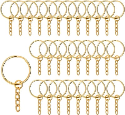 Allecto Plus - 30 stuks 25mm platte sleutelring met ketting splitring sleutelring - roestvrijstalen sleutelring voor knutselen sieraden maken (goud)