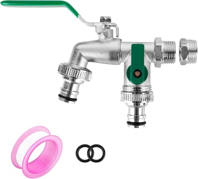 Dubbele Buitenkraan 1/2" en 3/4" - voor tuin - Messing - zilver en groen