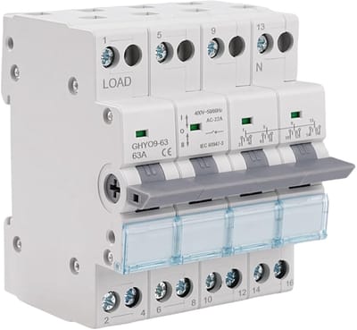 Inverter 4P 63A Dual Power Transfer Switch - Handmatige Overschakelschakelaar 400VAC met Voedingsindicator en DIN Rail Bevestiging