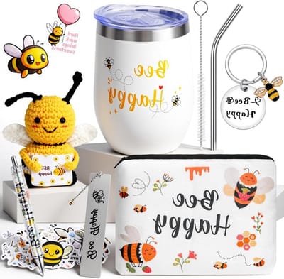 Bijenkorf Cadeaus voor Vrouwen - Geschenkset met RVS Mok, Haakbeestjes, Cosmetica Tas, Sleutelhanger, Boekenlegger en Stickers voor Verjaardag en Kerst