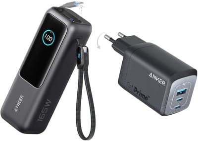 Anker PowerCore 25K Powerbank 25.000mAh - 165W - 3x 100W USB-C Poorten - Zwart + Anker 140W USB-C oplader - Geschikt als lader voor laptops - 4 poorten voor snelladen van meerdere apparaten