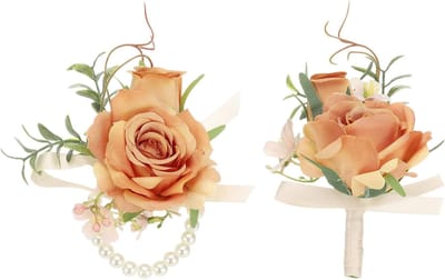Bruiloft Bloemen Set - Pols Corsage Boutonniere - Feestelijke Decoratie - Realistische Vorm - One Size Fits All - Oranje